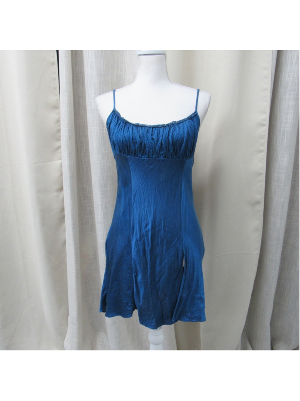 VTG Victoria's Secret 100% Silk Slip Dress S Blue Ruched Bust Milkmaid Coquette